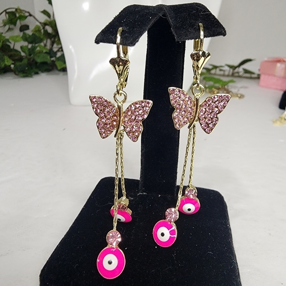 Gold Filled Hot Pink Evil Eye and Butterfly Dangle Earrings - Picture 5 of 7